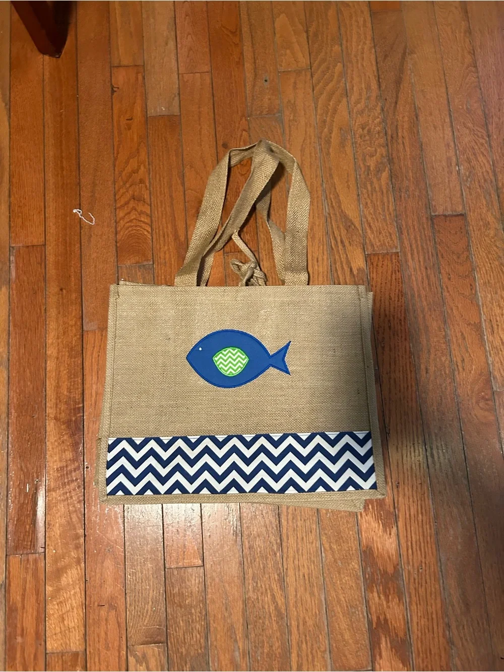 Nautical Jute Tote Bag with Blue Fish Appliqué | Beach Market Shopping Bag